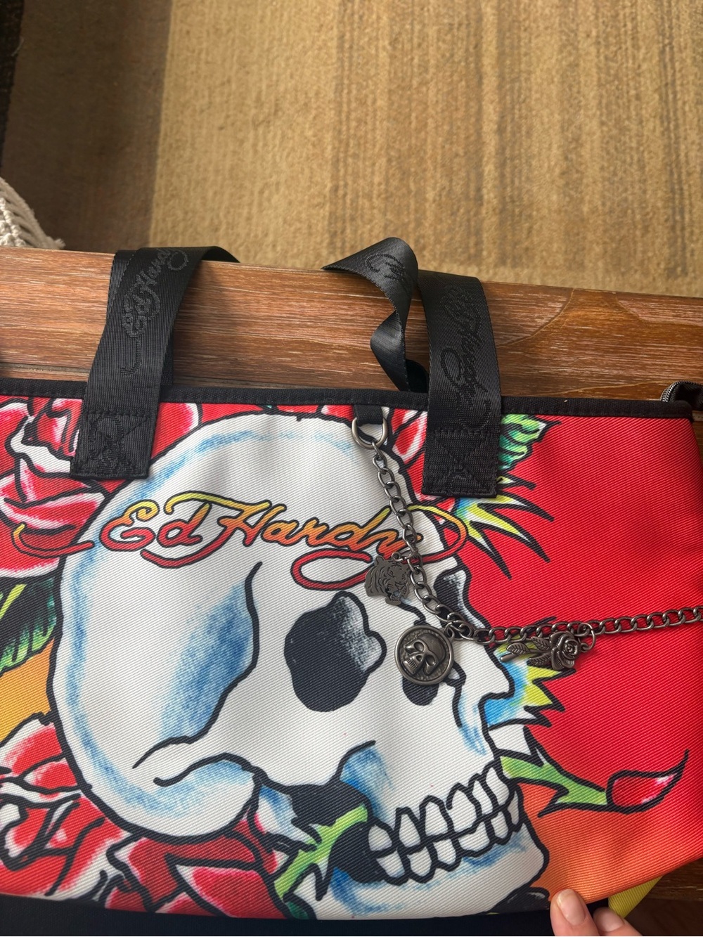 Ed Hardy Red Skull & Rose Graphic Tote with Chain Accent